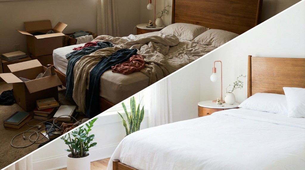 Sypialnia przed i po zastosowaniu AI home staging