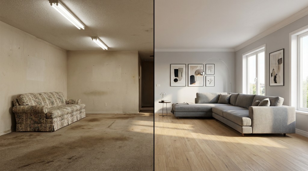 Salon przed i po modernizacji wizualnej z AI