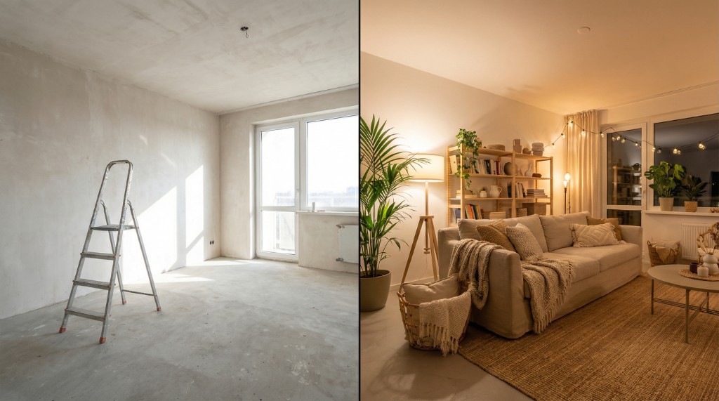 Puste wnętrze i finalna aranżacja po użyciu AI